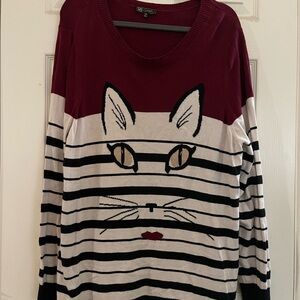 DG2 by Diane Gilman cat face striped Burgundy Sweater